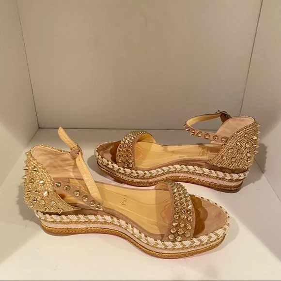 ❤️ Sold Christian louboutin Madmonica Espadrilles Wedge Sandals Spike Gold - Picture 13 of 14